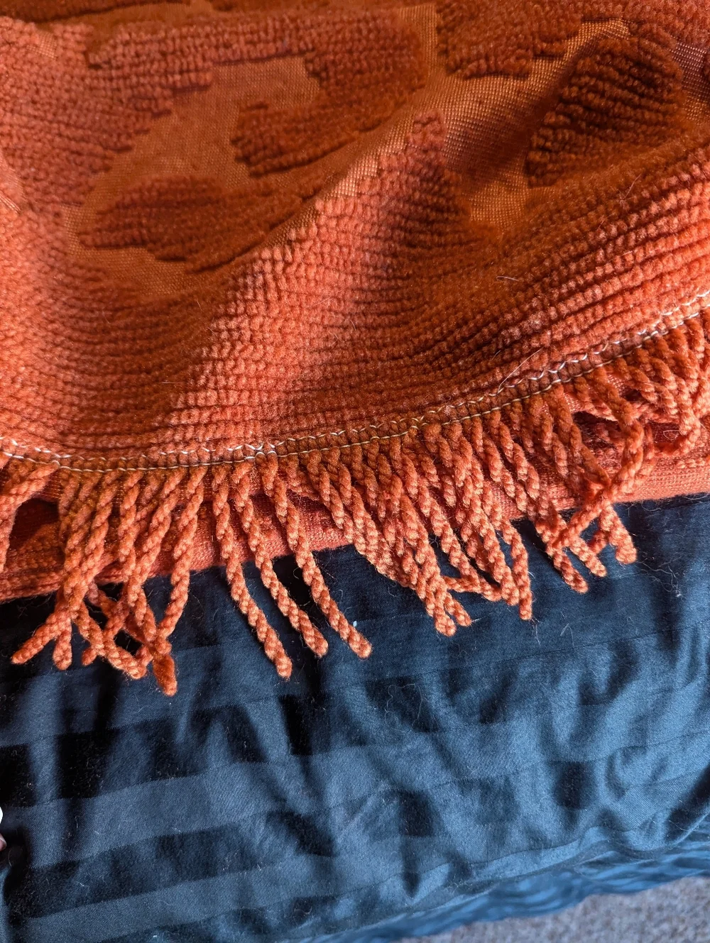 1970s Burnt Orange Chenille Tufted Bedspread Coverlet With Fringe Queen READ